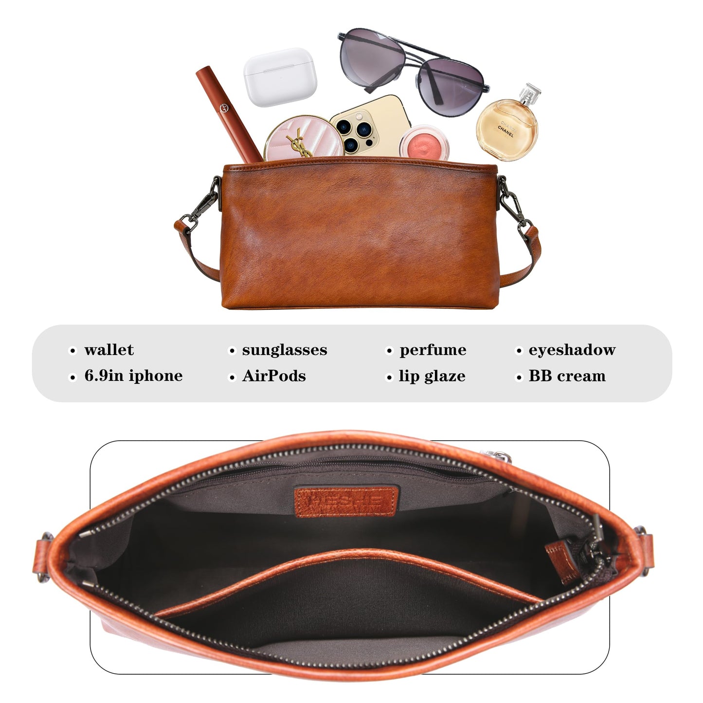 HESHE Genuine Leather Purses for Women Brown Crossbody Bag Designer Women’s Shoulder Purses and Hobo Handbags Medium Satchel Purse Work Bag (Brown)