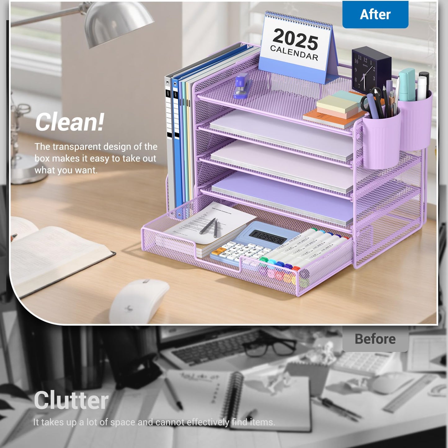 OPNICE Desk Organizer, 5-Tier Paper File Organizer with Drawer & Pen Holder, Office Desk Accessories, Workspace Desktop Organizer for Office Supplies(Purple)