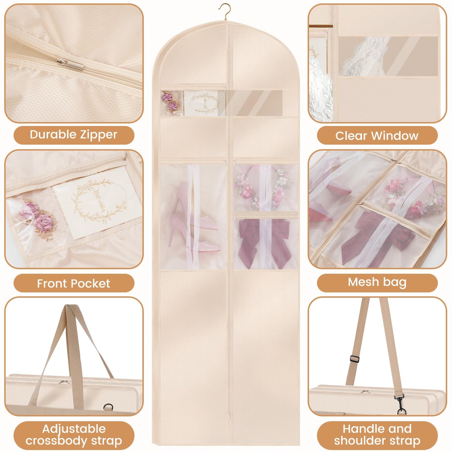 TANGKA Upgraded Version 72" Wedding Dress Garment Bag Dress Bags for Gowns Bridal Dress Travel Bag with 12”Gusseted and Accessory Pockets for Wedding Dress, Puffy Gowns, Equipped with Shoulder Straps