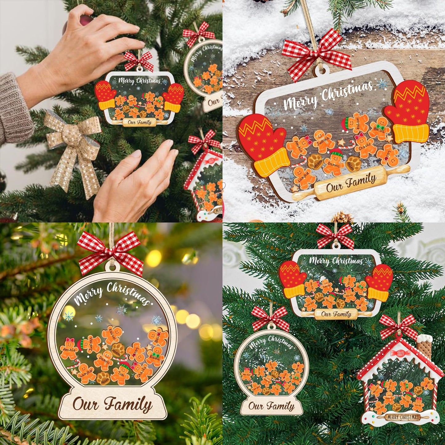 Funny Family Shaking Gingerbread Christmas Ornament DIY 1-15 Names New Year Party Home Decoration Xmas Tree Hanging Ornament Keepsake Gifts for Family Friend (Style 1)