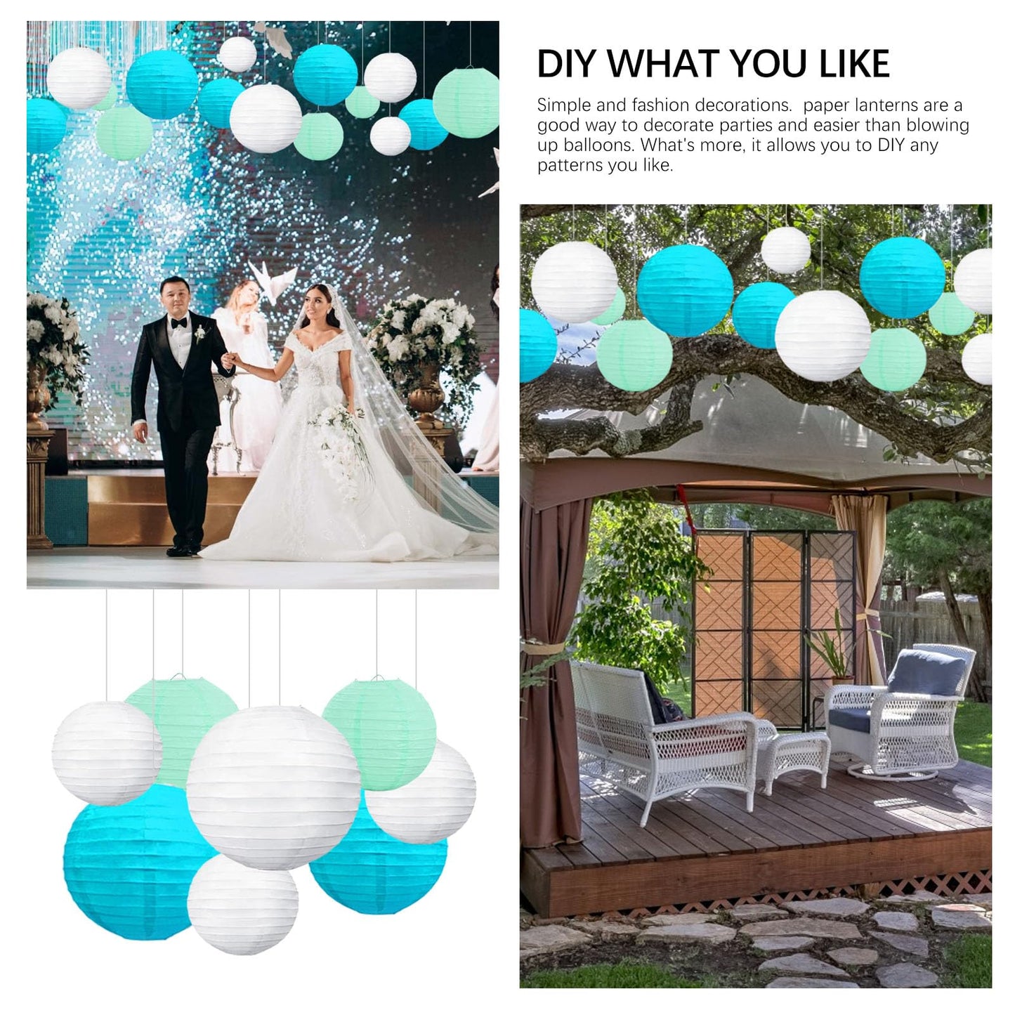 20Pcs Blue Light Blue White Paper Lanterns for Parties, 6” 8” 10” 12” Chinese Asian Hanging Round Paper Lanterns for Birthday Wedding Halloween Christmas Home Decor Party Decor