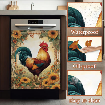 Rooster Sunflower Dishwasher Cover Panel Magnetic,Farmhouse Floral Dishwasher Magnet Decorative Cover for Refrigerator Kitchen Home Decor Reusable Waterproof 23x26 Inch