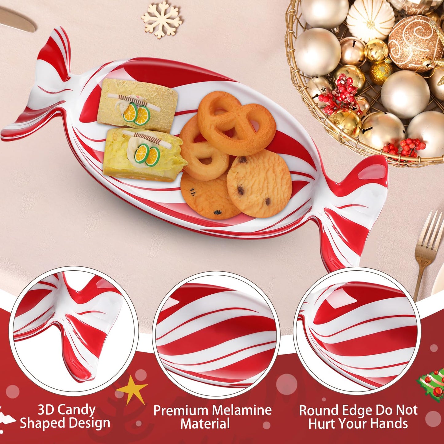 Teenyyou 2 Pcs Christmas Candy Dish Melamine Christmas Serving Tray Fruit Dessert Cookie Plates for Xmas Holiday Party Favor Dishwasher Safe