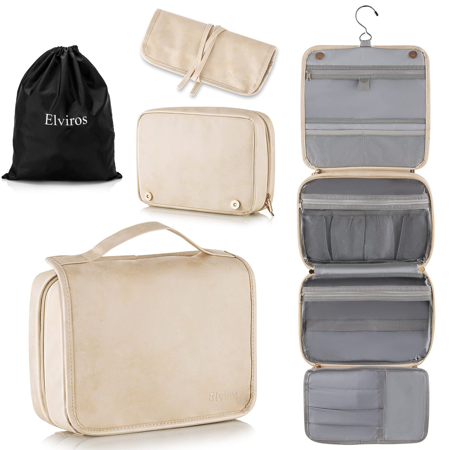 Elviros Hanging Travel Toiletry Bag for Women, 3-in-1 Large Makeup Bag and Cosmetic Organizer, Vegan Leather Waterproof Skincare Case for Travel Size Toiletries and Accessories, Gift for Women