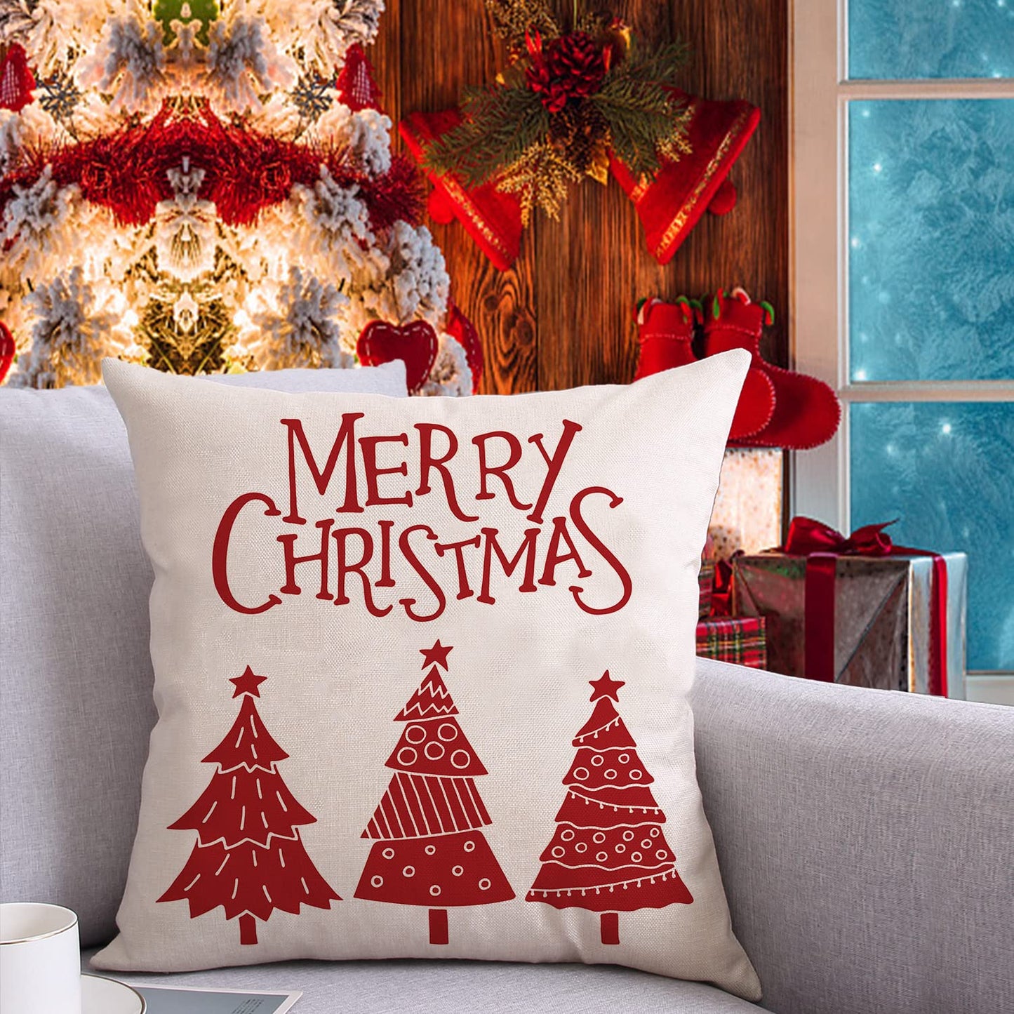 Coeufuedy Red Christmas Pillow Covers - 18x18 Inch Set of 4 Snowflake Trees & Deer Decorative Cushions for Home & Sofa