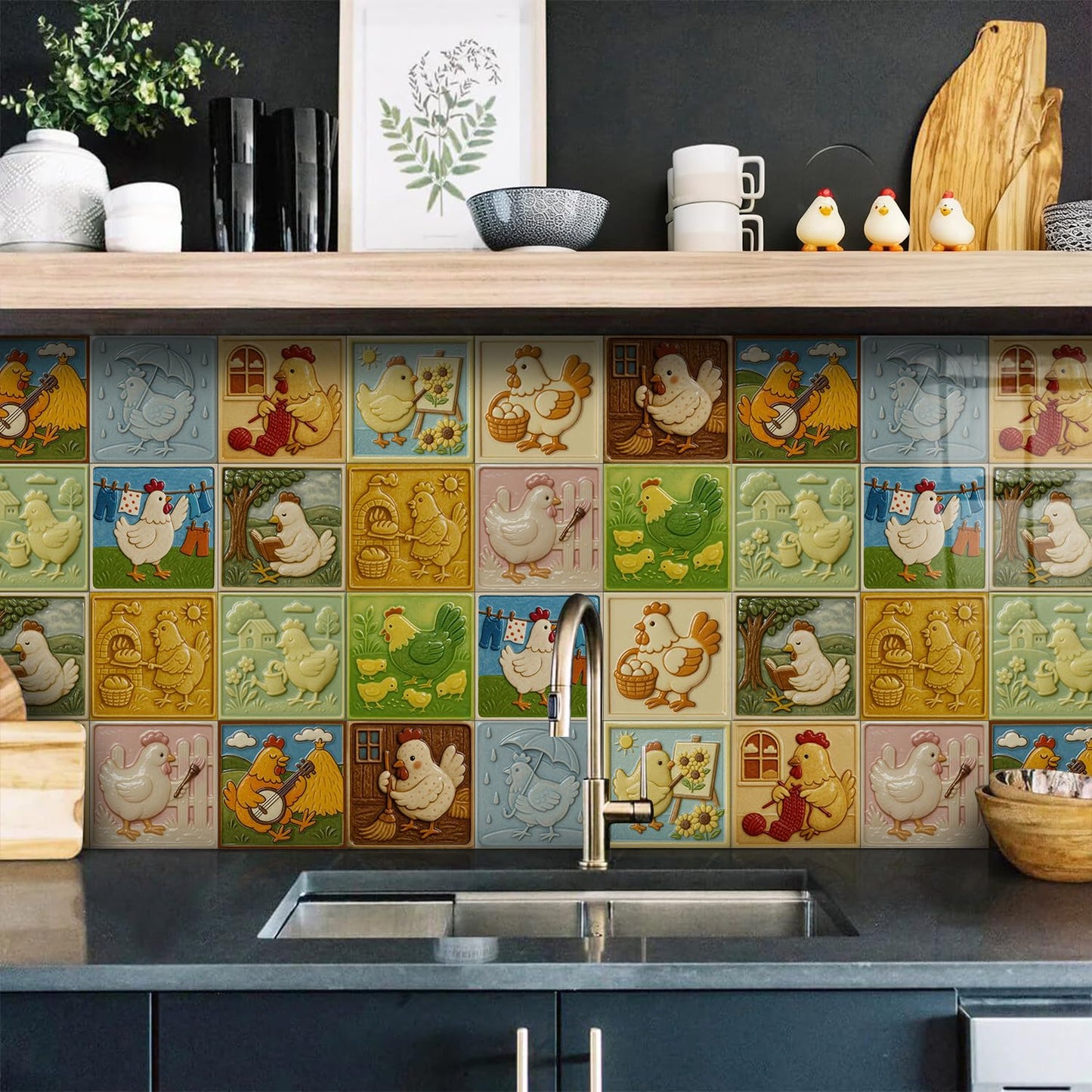 Art Deco Cute 3D backsplash Tiles for Kitchen Bathroom RV ladundry wall Decor,Decorative smart Tile Stickers Stick on backsplash with Hen Picture