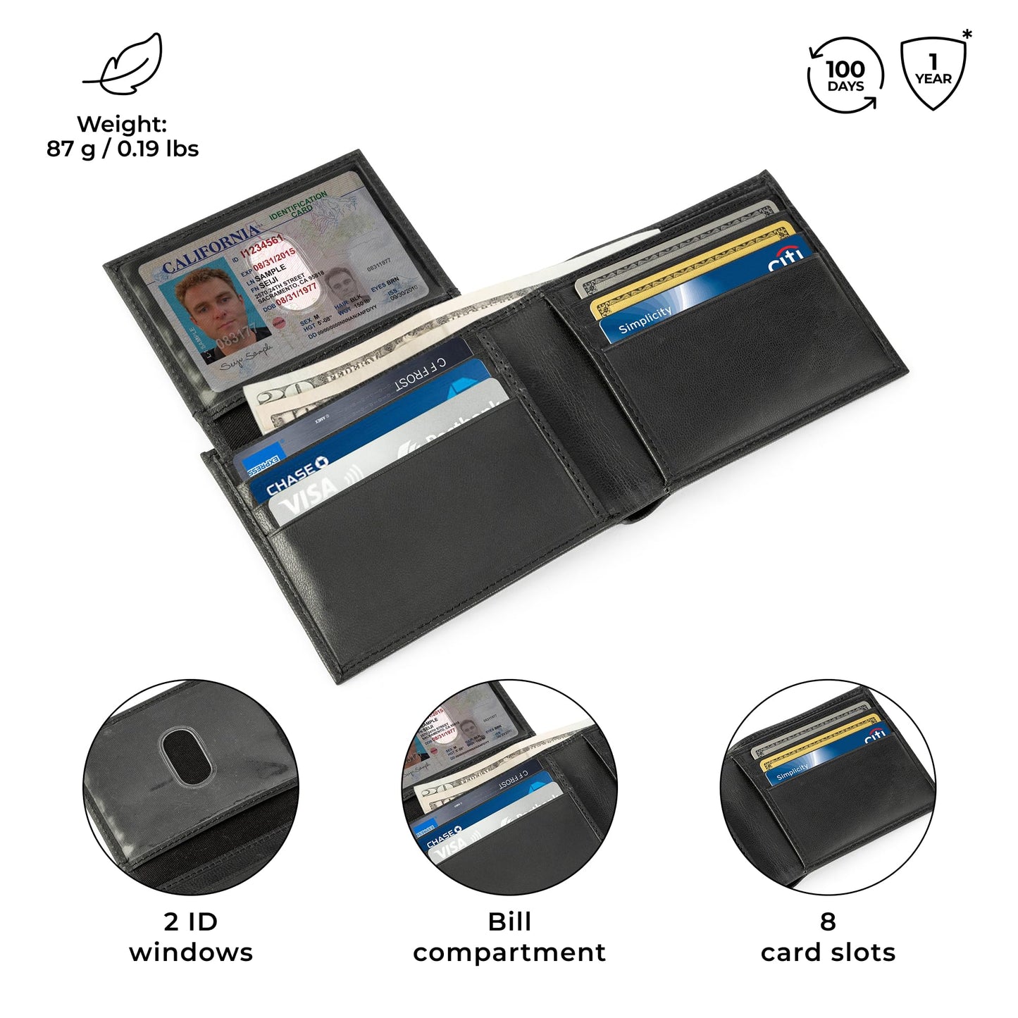 BERLINER BAGS Premium Genuine Leather Wallet for Men Peter, with ID Window, RFID Blocking, Bifold, Front Pocket Slim Wallet, 8 Card Holder, Bills Compartment, 2 ID Windows, Gift Box- Black
