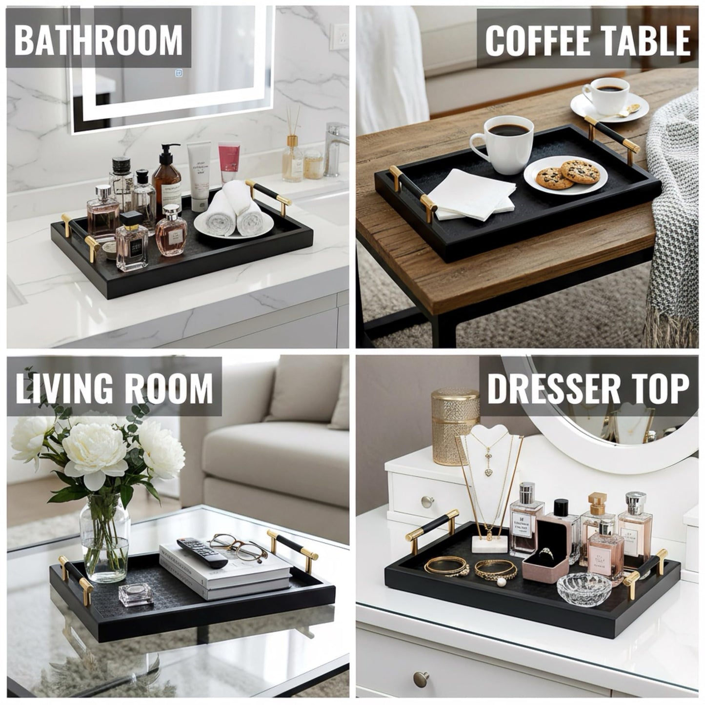 Bamboo Vanity Tray for Dresser -13.4"x8.7" Cologne Tray with Handles, Black Gold Trinket Tray for Perfume, Jewelry, Watch, Key - Bathroom Tray with Leather Mat for Countertop, Living Room, Bedroom