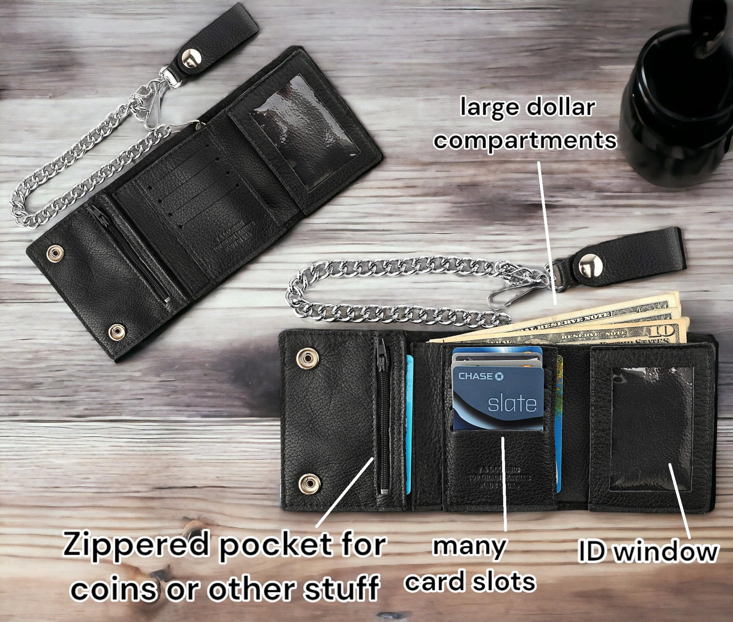 RFID Blocking Men's Tri-fold Vintage Biker Cowhide Leather Steel Chain Wallet,Snap closure, Made In USA,GL315,black