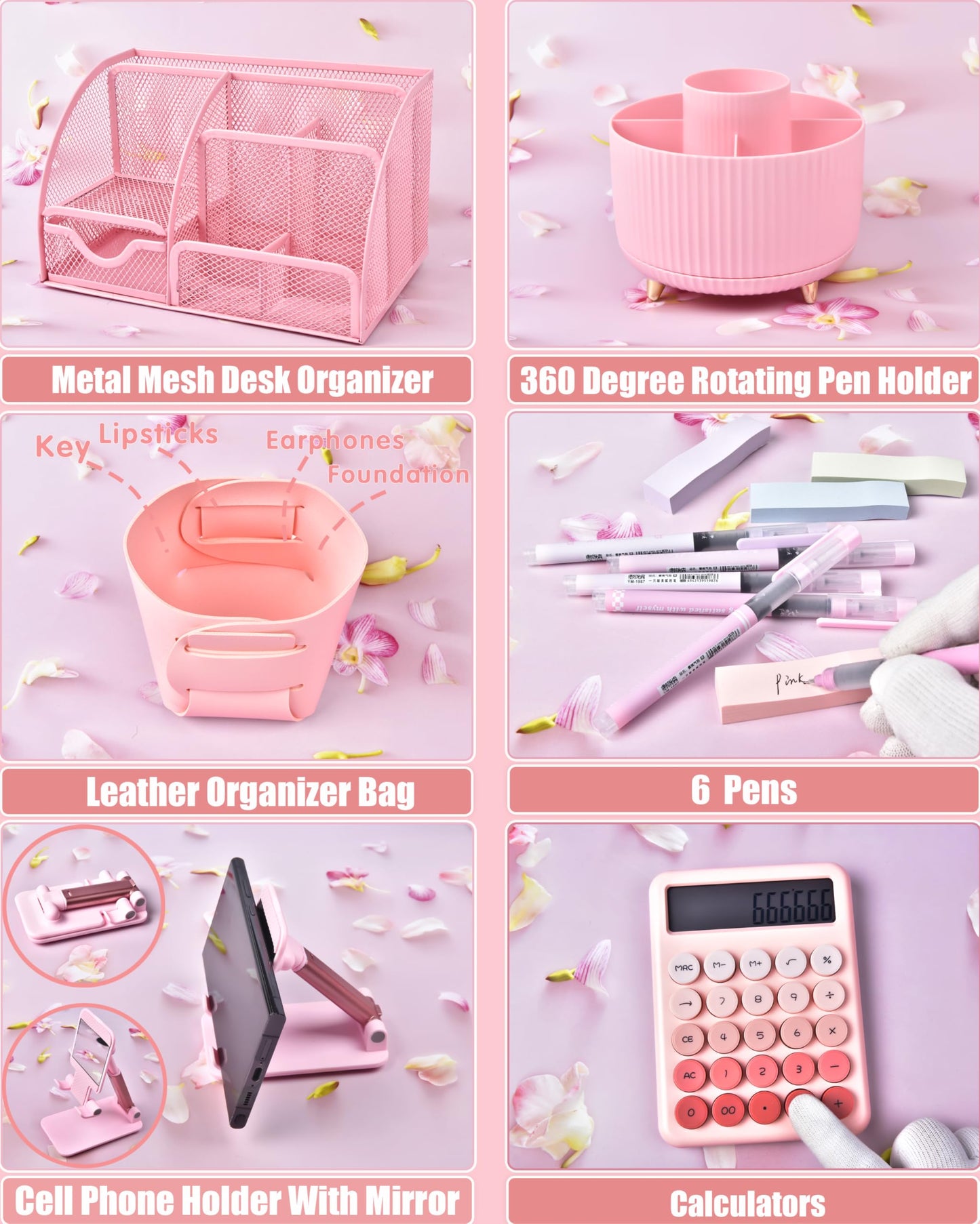 LXEVIHK 21Pcs Pink Desk Organizers and Accessories With Mesh Desk Organizer and 360°Rotating Pen Holder and a Lot of Office Pink Office Supplies Beautifully Presented in a Gift Box