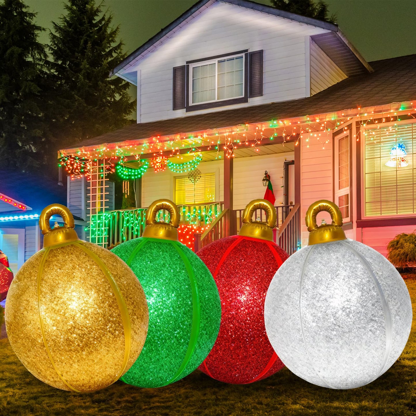 2 Pack 24 Inch Inflatable Christmas Balls, Giant Inflatable Ornaments Outdoor, Extra Large Outdoor Christmas Ornaments for Lawn, Porch, and Front Door (Gold and Silver)