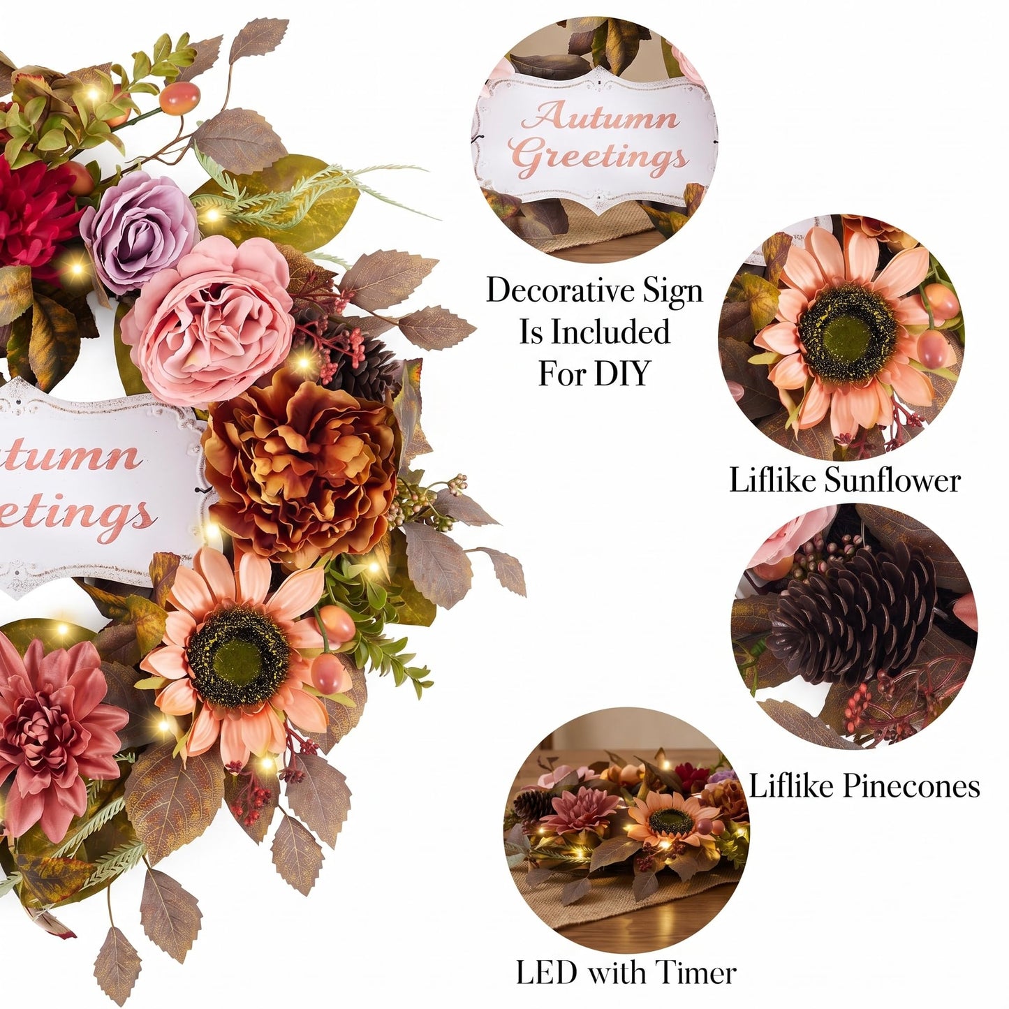 Valery Madelyn 24'' Collapsible Pre-Lit Flowers Fall Wreath for Front Door