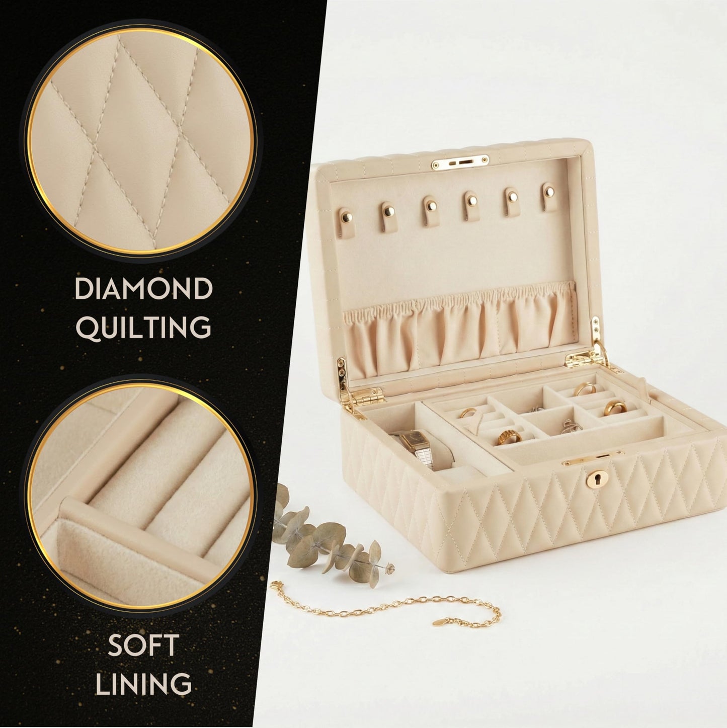 Bey-Berk Diamond-Quilted Leather Travel Jewelry Box, Cream, Locking Organizer with Necklace Hooks, Ring Rows and Watch Compartment