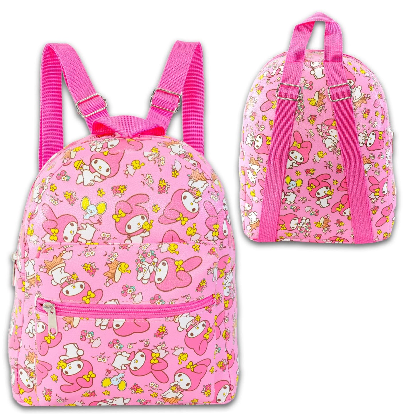 My Melody Mini Backpack Set - Bundle of 10” Faux Leather Bag, Water Bottle | Sanrio School Supplies