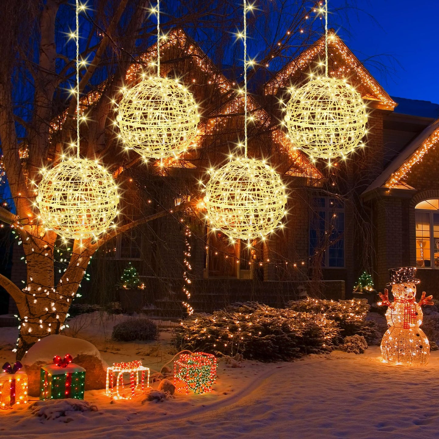 Outdoor Christmas Balls Lights 4 Pack Hanging 7.1" LED Garden Sphere Tree Lights 8 Modes Waterproof Glow Globe Lights with Memory Timer Plug for Party Yard Porch Eave Patio Xmas Decorations-Warm White