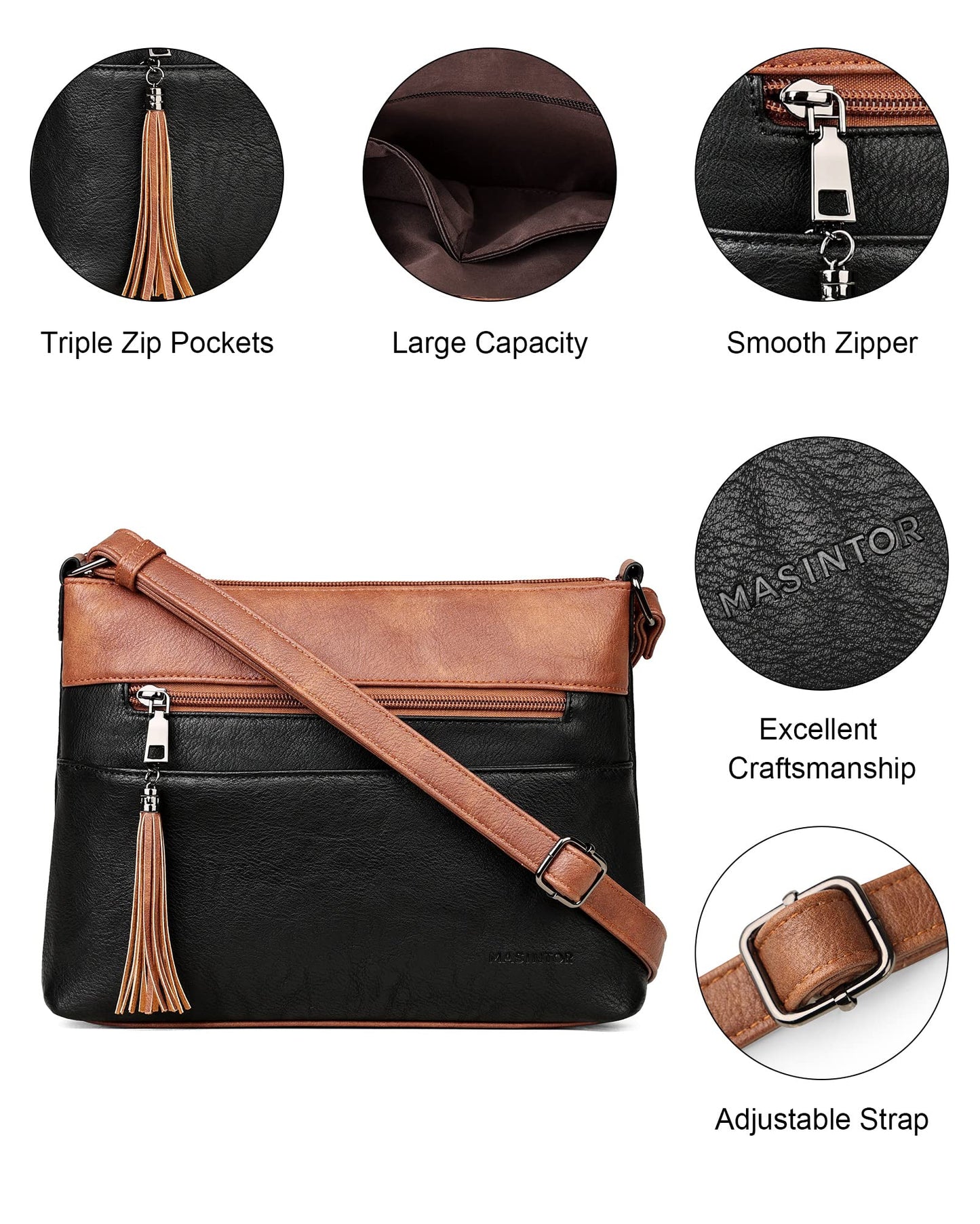MASINTOR Crossbody Bags for Women, Lightweight Medium Crossbody Purse, Soft Leather Women's Shoulder Handbags with Tassel for Shopping or Travel