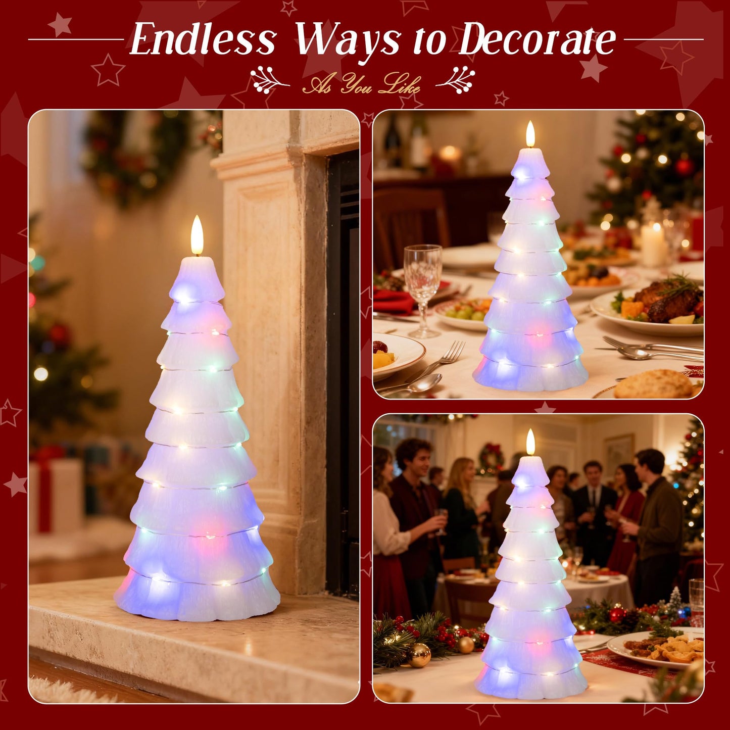 AFINETH Christmas Tree Candles with Remote, Christmas Flameless Candles with Embedded Star String Fairy Lights, Real Wax Battery Operated Candles, Xmas Flameless Candles for Mantel Decor