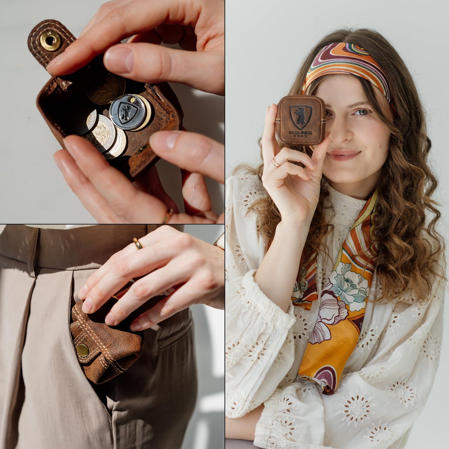 Berliner Bags Vintage Genuine Leather Coin Pouch Lena, Change Purse for Women and Men, Coin purse with snap - Brown