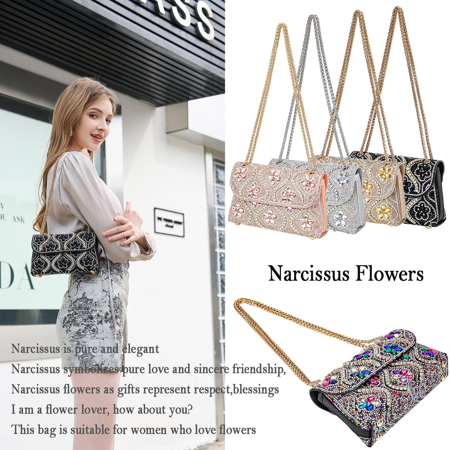BBTT.ful Flower Evening Handbags Chain Strap Square Shoulder Bag Crossbody Bag Crystals Rhinestone Clutch Purse (pink champagne)