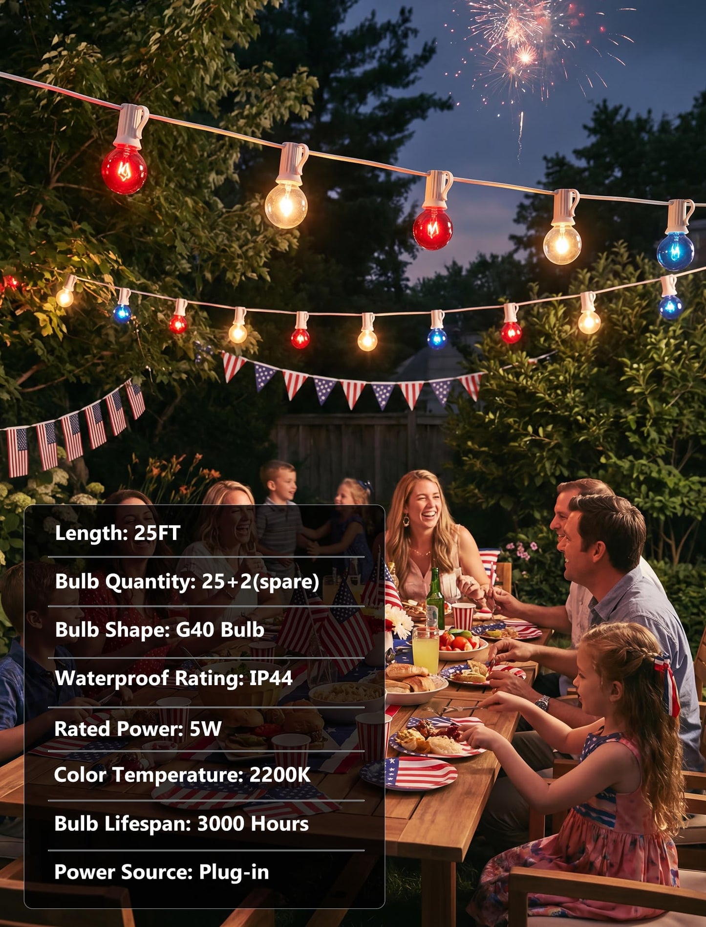 25Ft G40 Red White and Blue String Lights, 4th of July Decorations Lights Plug in with 27 5W Globe Light Bulbs, Waterproof Outdoor Patriotic Lights for Memorial Day Independence Day Home Patio Decor