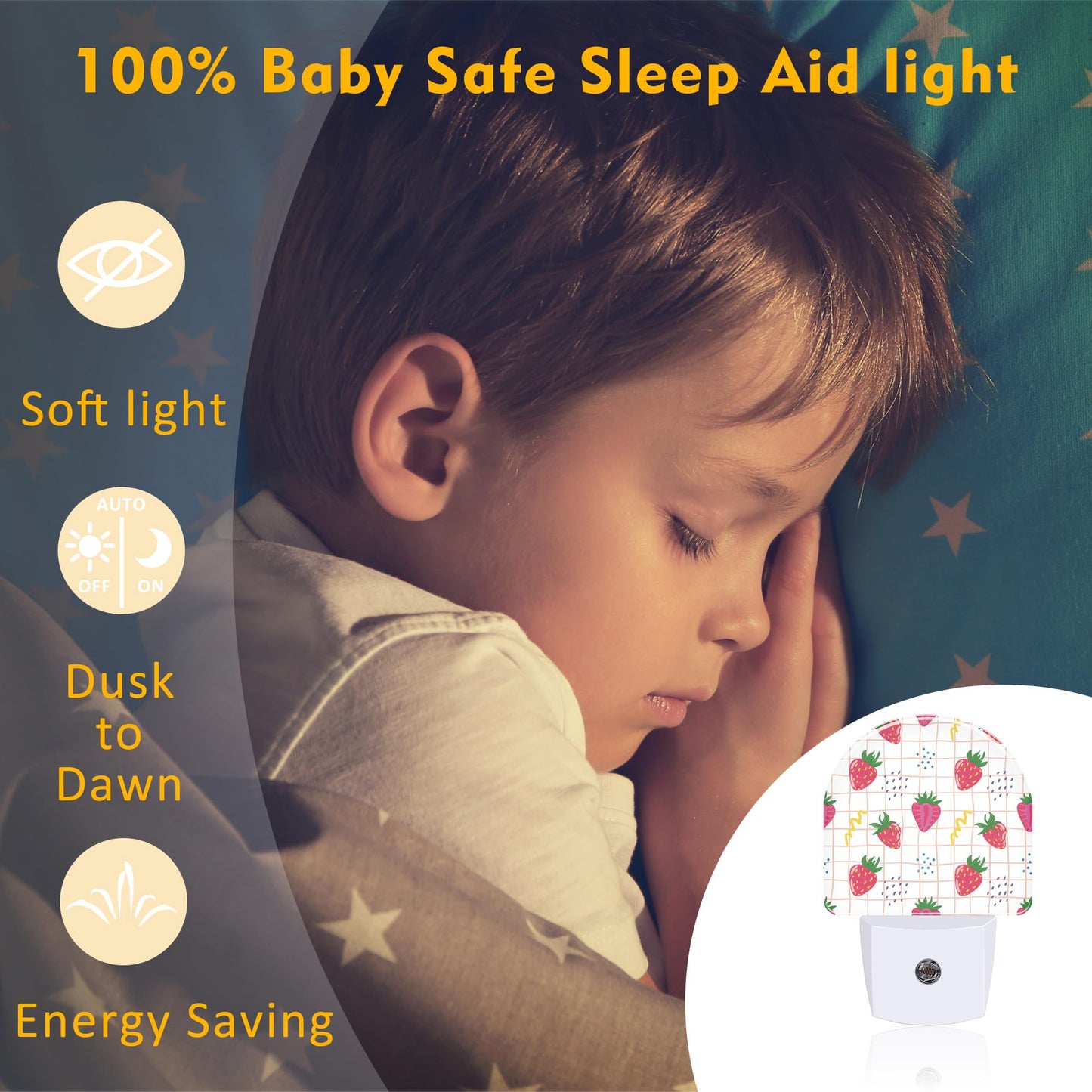 sndheke Cute Red Strawberries Night Light Plug into Wall, Abstract Funny Fruits Dusk to Dawn Night Light Plug in,0.5w Energy Saving Sleep Friendly NightLight for Kids Boys Girls Home Decor