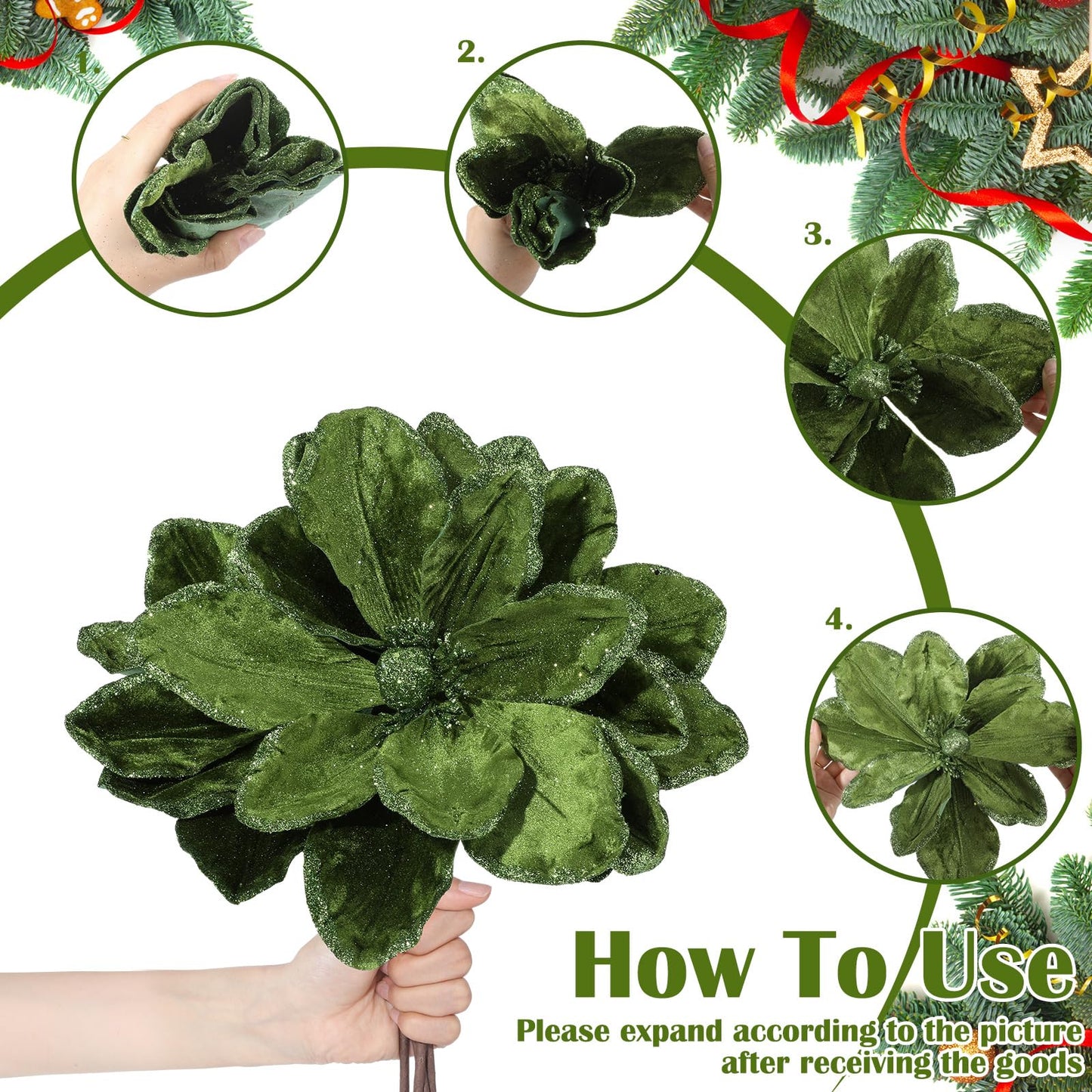 Thiccywoov 8 Pcs Large 12'' Christmas Flower Forest Green Magnolia Flowers Christmas Tree Decoration Artificial Poinsettia Stems Velvet Xmas Ornaments for Xmas Tree Table Decor