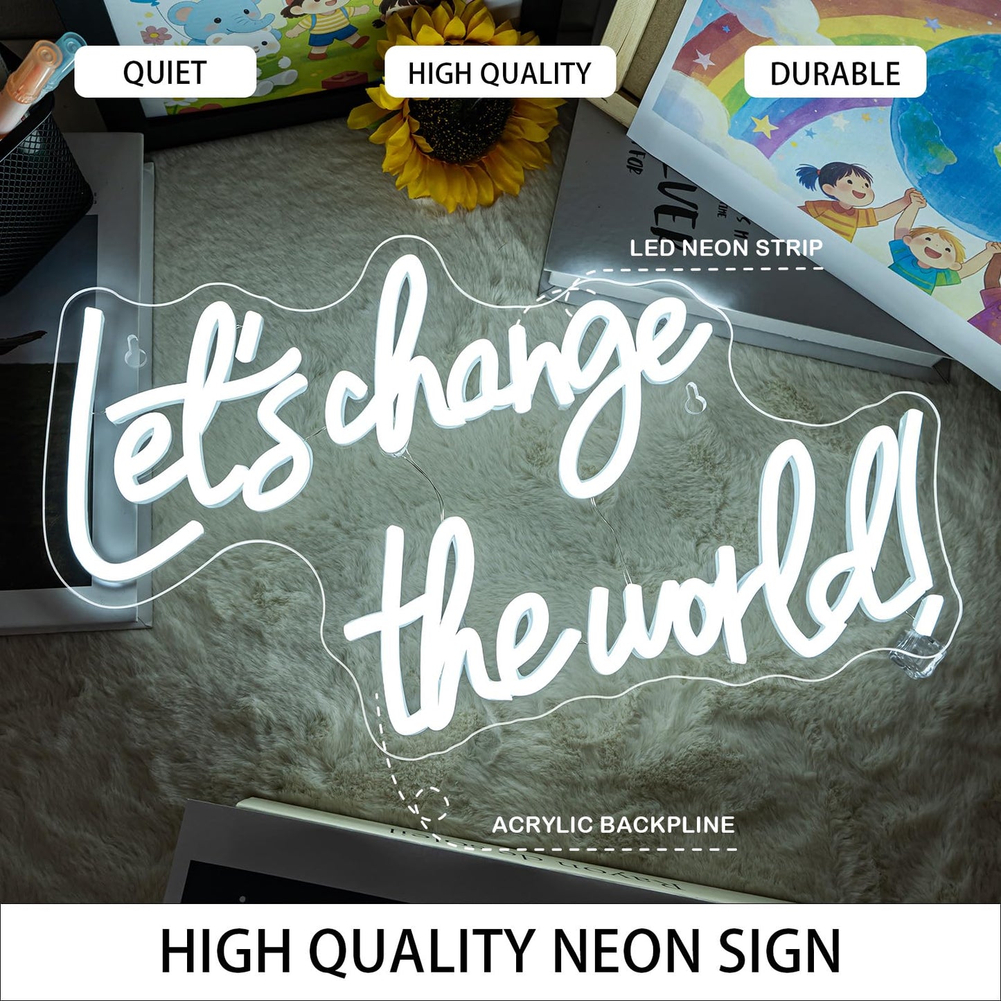 Horseneon Let's Change the World Neon Led Sign, White Neon Signs for Wall Decor, Neon Lights Signs with USB Powered for Bedroom, Living room, Wall Hanging Decor