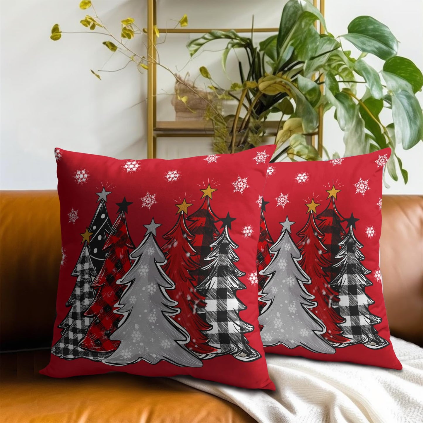 Christmas Pillow Cover 16x16 Inch Merry Christmas Tree Red Throw Pillow Cover Set of 2 Winter Snowflake Decorative Pillow Cases Farmhouse Xmas Holiday Checked Cushion Case for Sofa Home Decor