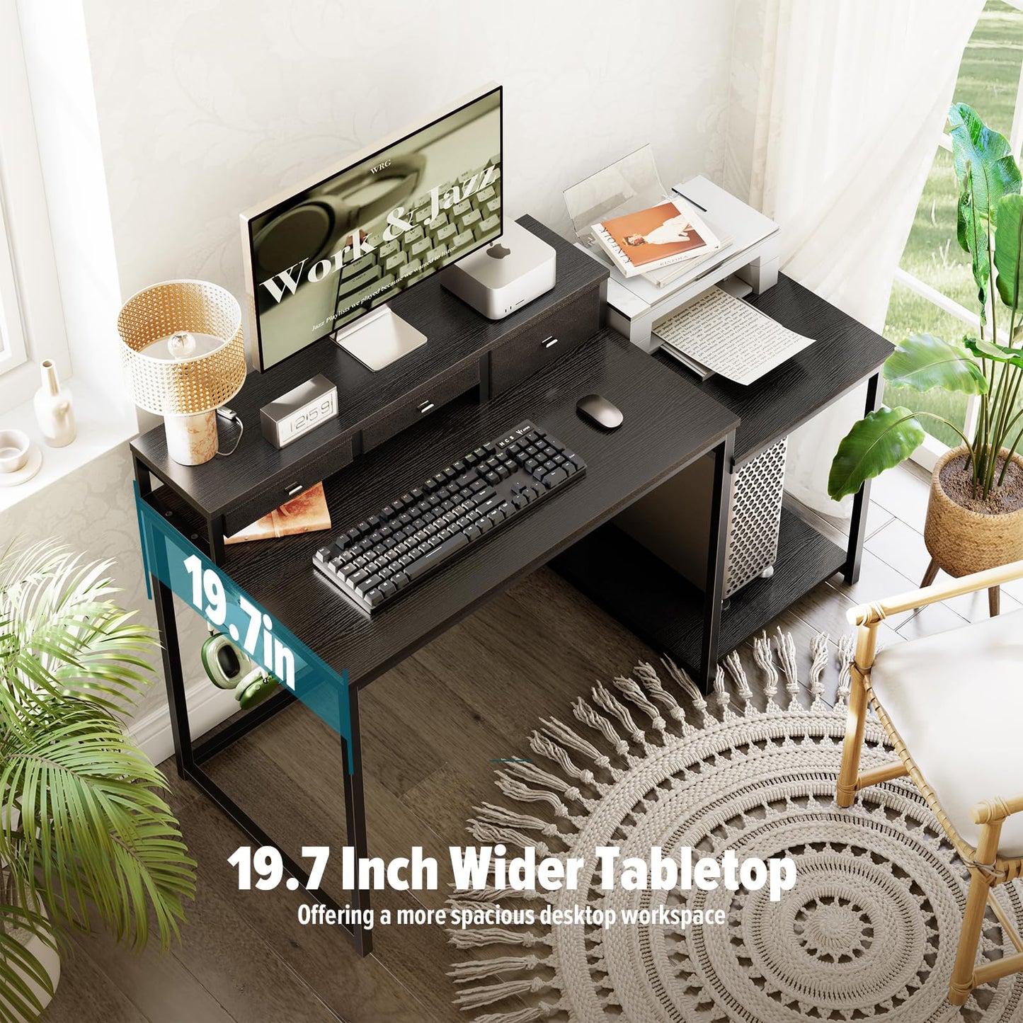 SINPAID 47 inch Computer Desk with Printer Shelf, Gaming Desk with Monitor Stand and Drawers, Reversible Home Office Desk with Storage Shelves and 2 Hooks, Home Workstation for Study Writing, Black