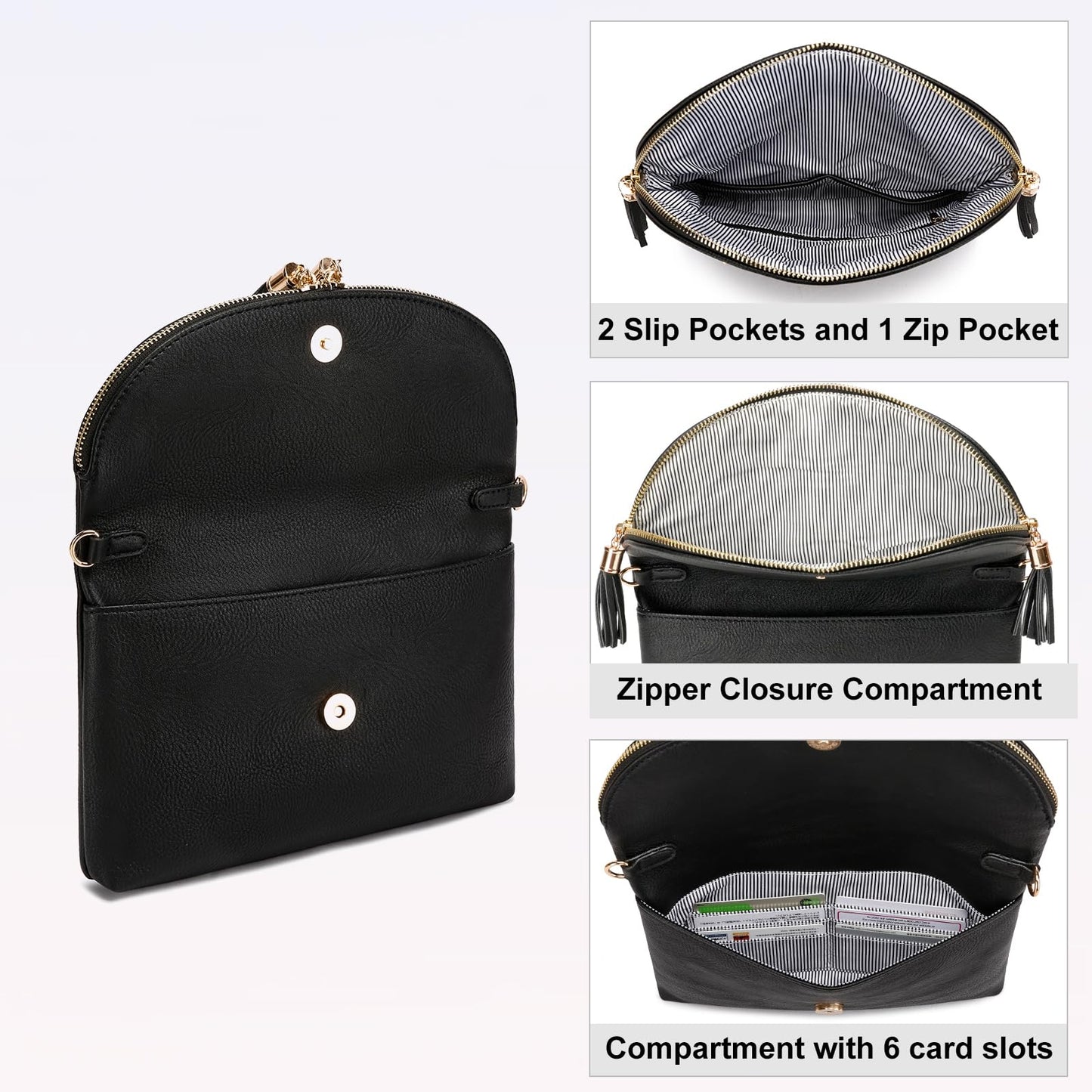 Solene Women's Envelop Clutch Crossbody Bag With Tassels Accent (WU075-Black)