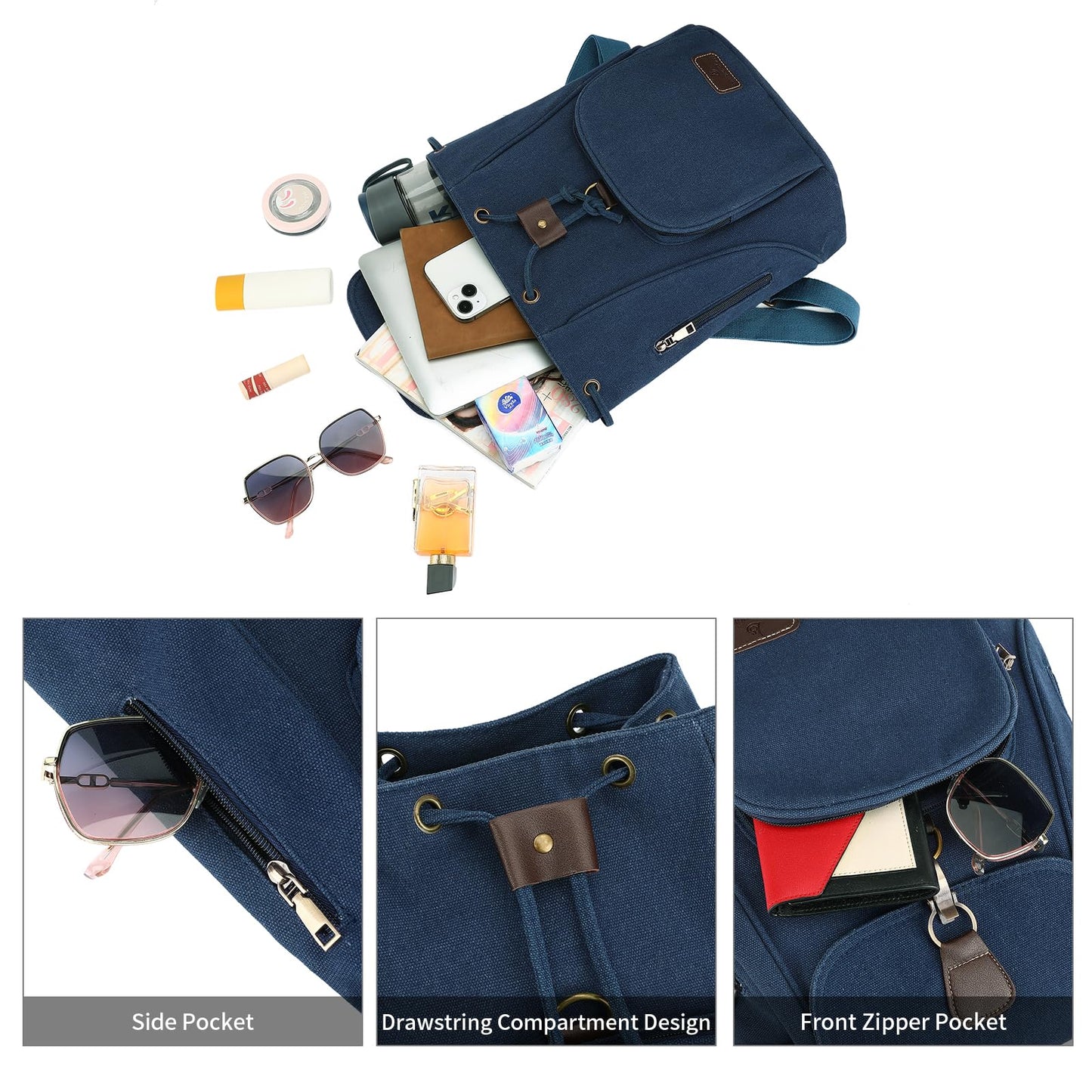 GAEKEAO Small Backpack for Women Canvas Mini Backpack Purse Casual Daypack for Daily Travel Work Sports College Shopping (Navy Blue)
