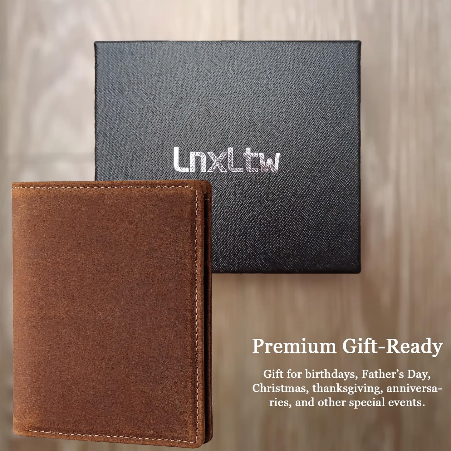 LnxLtw Bifold Vertical Wallet for Men - Slim Leather RFID Blocking Front Pocket Design with ID Window & 2 Cash Pockets | 4.5"x3.7"x0.7" Thin 7 Card Slots Wallets Organizer | Gift Box (Brown)