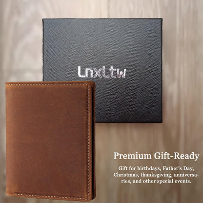 LnxLtw Bifold Vertical Wallet for Men - Slim Leather RFID Blocking Front Pocket Design with ID Window & 2 Cash Pockets | 4.5"x3.7"x0.7" Thin 7 Card Slots Wallets Organizer | Gift Box (Brown)