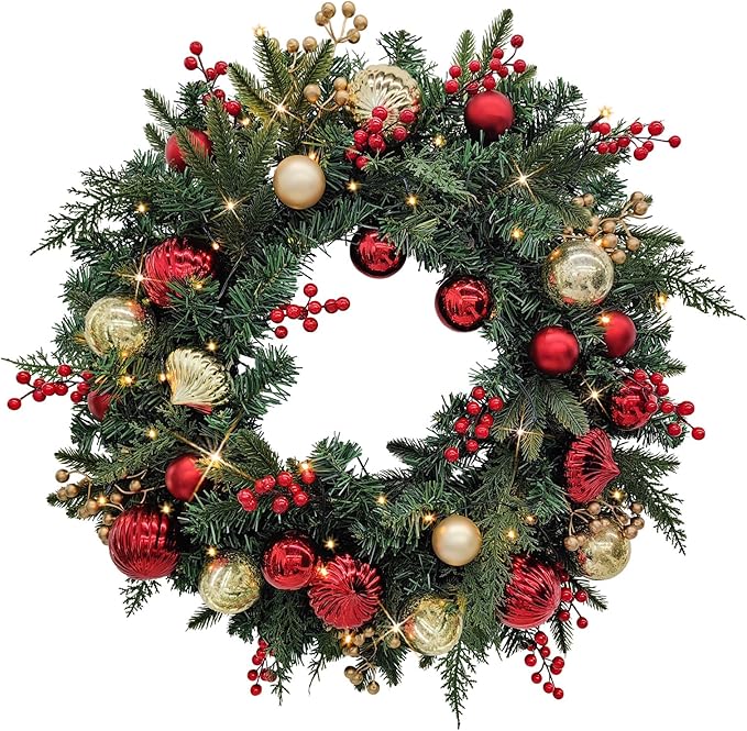 28’’ Pre-Lit Artificial Christmas Wreath, Battery Operated 35 LED Lights with Faux Greenery, Pine Cones, Berries for Front Door, Xmas Wreath for Holiday Christmas Home Decorations