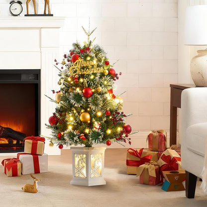 Small 3FT Pre-Lit Snow Flocked Christmas Tree with Twinkling Lights for Home Office Christmas Decor- Battery Operated & Timer (Snowflake Base)