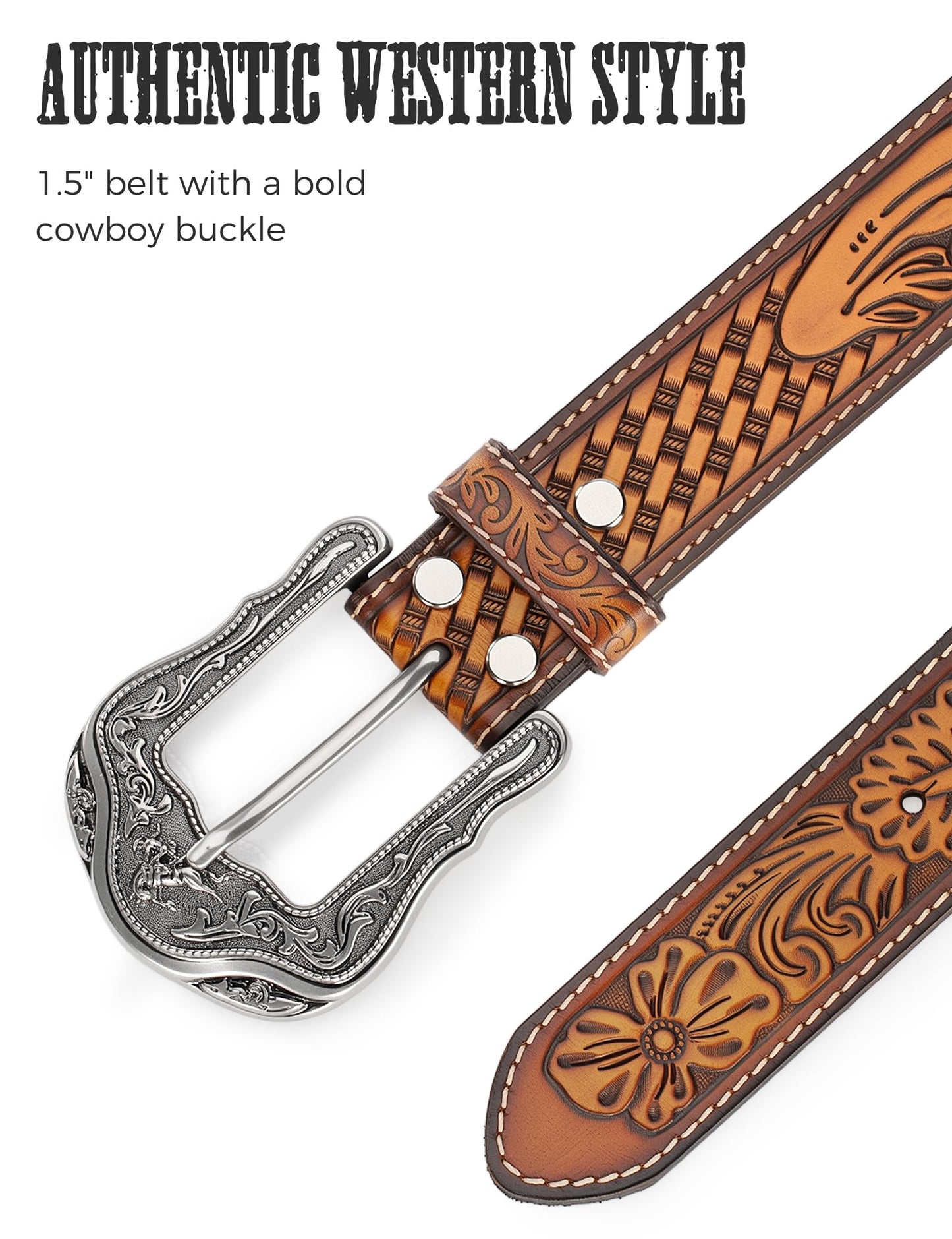 Biybletes Western Cowboy Leather Belt - 1.5" Genuine Leather Country Belt with Durable Buckle