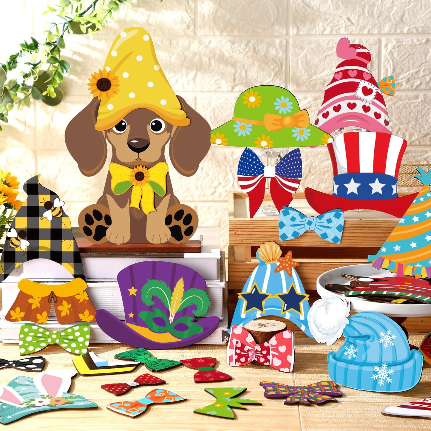Anglechic 42 Pcs Small Interchangeable Dog Sign Holiday Summer Decor Seasonal Table Centerpiece Farmhouse Rustic Magnetic Desk Accessories Wooden Home Office Room Welcome Tiered Tray Decoration Gifts