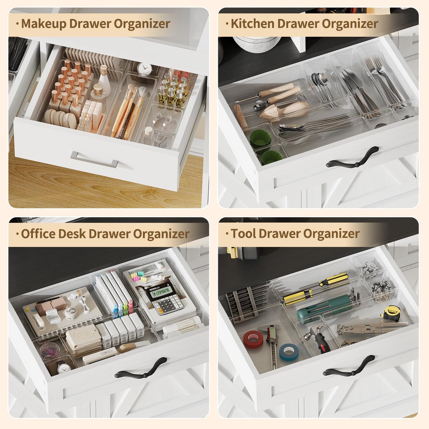 Yanosaku 25 PCS Clear Plastic Drawer Organizer Set, 4 Sizes Vanity Organizers, Desk Drawer Divider Organizers and Storage Bins for Makeup, Jewelry, Gadgets for Kitchen, Bathroom, Office