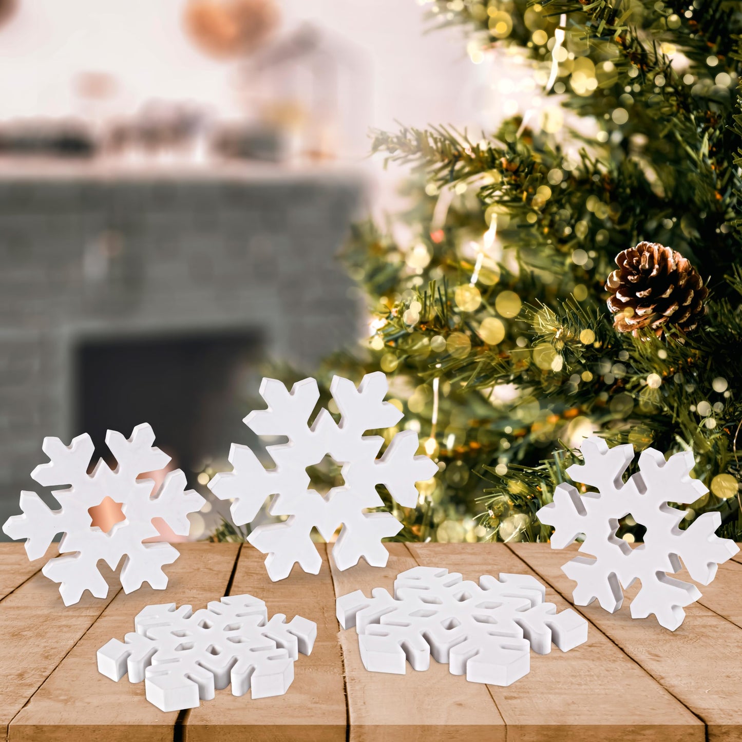 Tieshankao 5PCS Christmas Table Decor Wooden Snowflakes, White 3D Centerpieces for Winter Wonderland Decorations, Wood Sign Home Ornaments Indoor