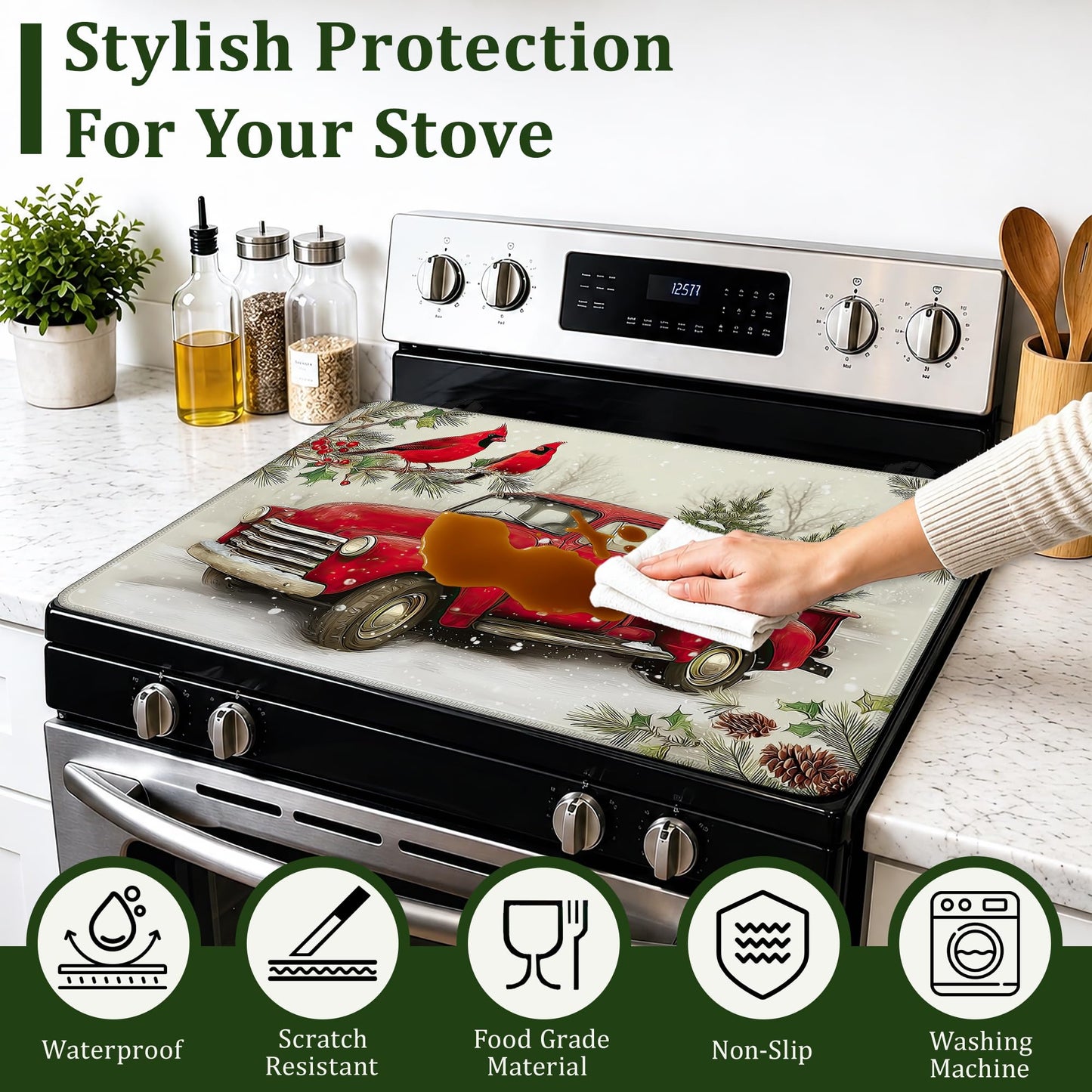 Red Truck Christmas Stove Top Cover for Electric Stove 28.5"x 20.5",Cardinal BirdHeat Resistant Glass Top Stove Cover Protector, Glass Cooktop Covers, Kitchen Flat Electric Stove Top Covers