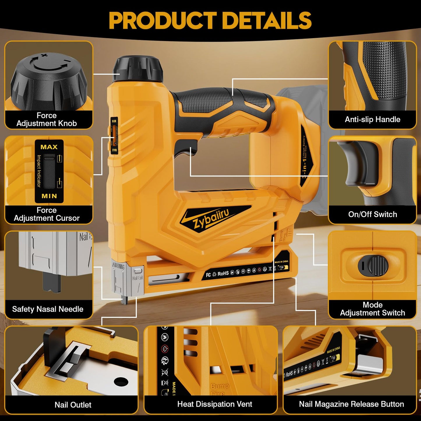 Zybaiiru 3-In-1 Cordless Nail Gun - Compatible with DEWALT 20V Battery - 18 GA Electric Brad Nailer with 1000 x 18GA Nails & 1000 x T50 Staples & 1000 x 1014J Staples for Wood & Home DIY (No Battery)