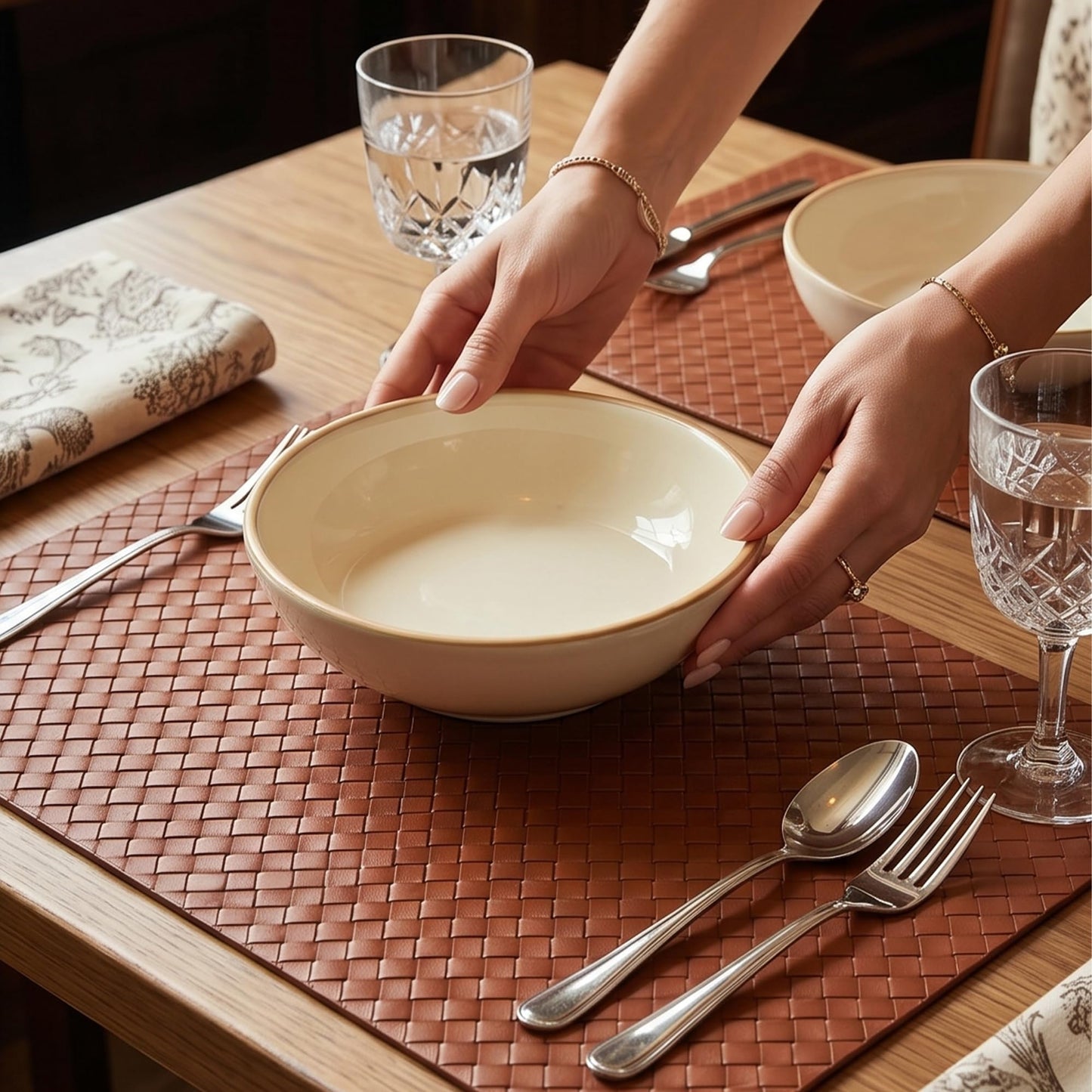 DRMHM Lattice Faux Leather Placemats Set of 6 for Kitchen Dining Table Decor Heat Resistant Table Placemats Waterproof Table Mats 17 * 12in Brown