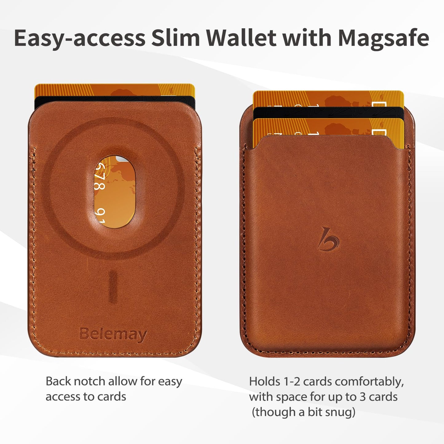 Belemay Strong Magnetic Wallet Compatible with Magsafe, Luxury Minimal Card Holder for 1-2 Cards, Premium Full-grain Smooth Leather Compatible with iPhone 17/16/15/14/13/12 series&MagSafe cases, Brown