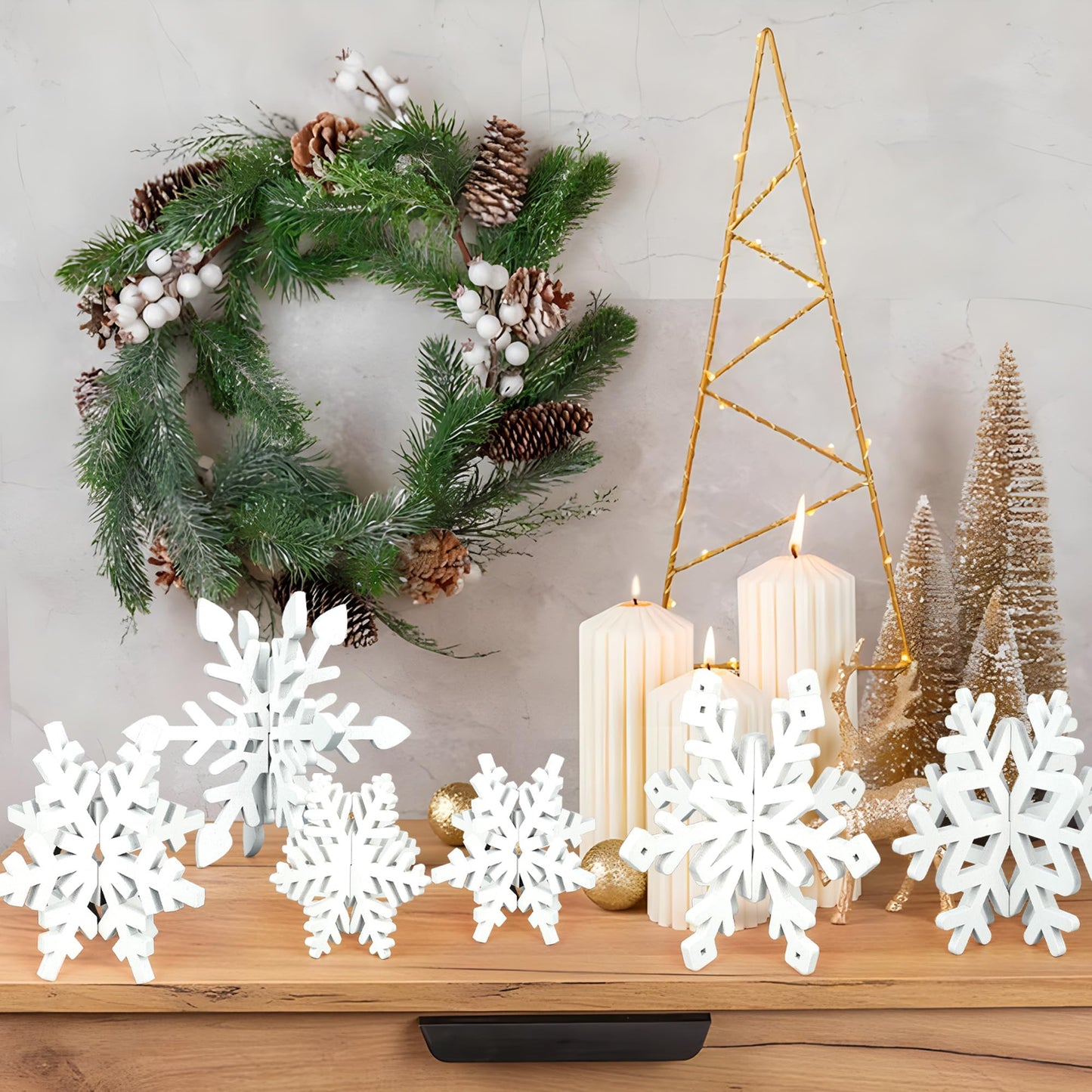 16 Pcs Christmas Wooden Decor Winter 3D Snowflake Tabletop Sign Tiered Tray Decorations White Snowflake Wood Blocks Centerpiece for Xmas Wonderland Party Home Table Decor
