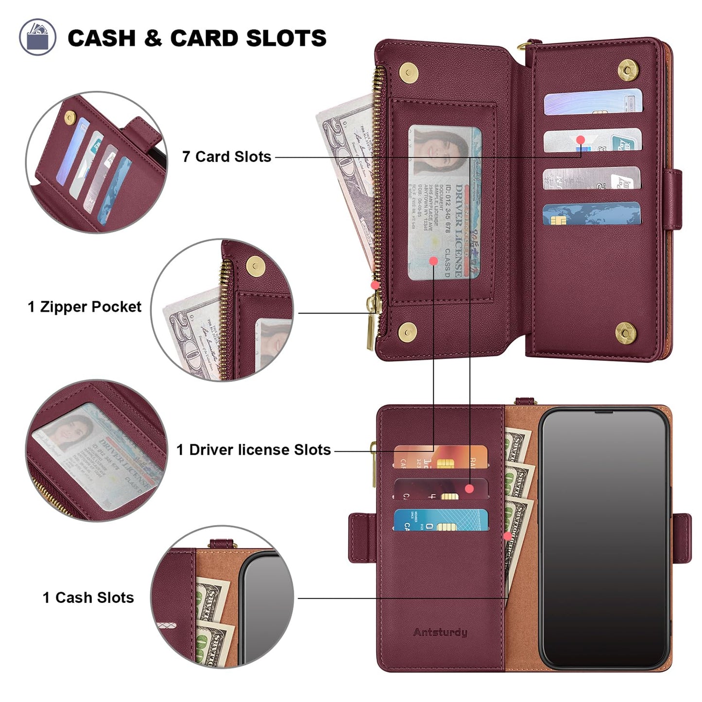Antsturdy Compatible with Samsung Galaxy A54 5G Wallet Case with Card Holder Phone Case RFID Blocking PU Leather Flip Cover with Strap Zipper Credit Card Slots,for Women Men,Wine Red
