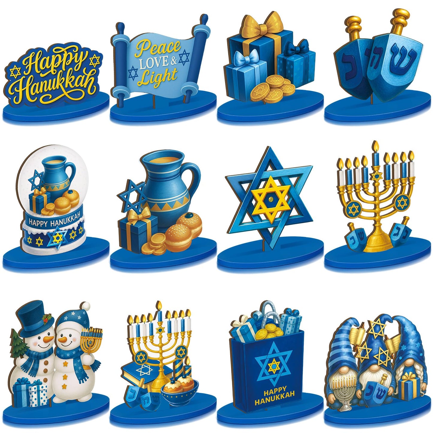 Realspring 12 Pcs Hanukkah Table Centerpieces Decor Chanukah Menorah Wooden Signs Star of David Table Topper Decor Hanukkah Centerpieces for Home Tray Office Desk Decorations