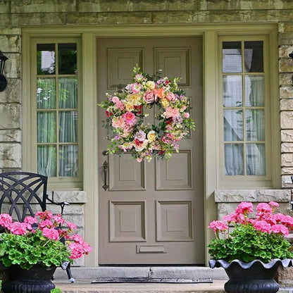 24 Inch Spring Summer Wreath for Front Door Outside Artificial Peonies Rose Flowers Morning Glory Mixed Flowers for Outdoor Front Door Indoor Wedding Wall Window Décor All Season