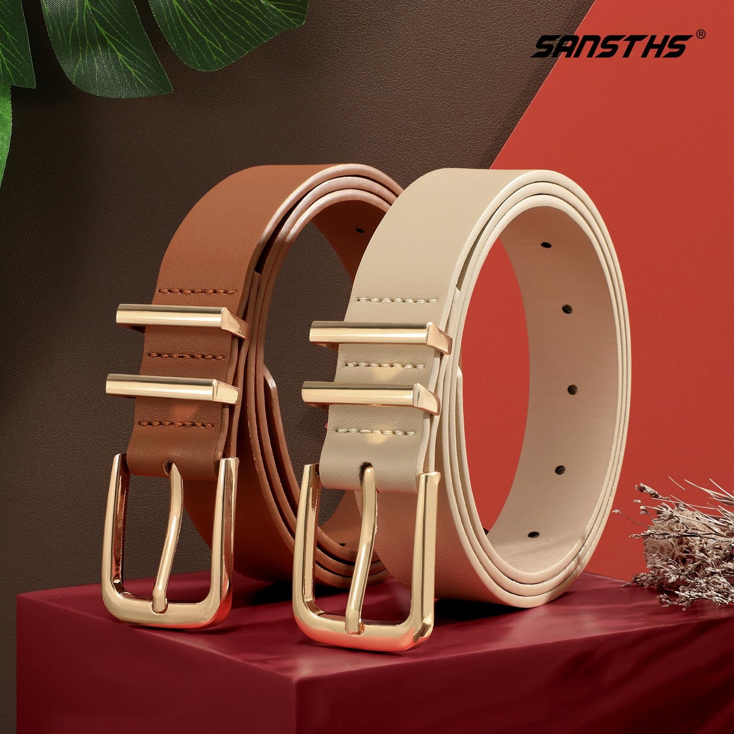SANSTHS 2 Pack Women Belt for Jeans Pants, Simple Fashion Ladies Waist Belt with Gold Buckle, 1inch Width, Black+Beige S