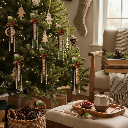 Simgoing 6 Pcs Beige Rustic Christmas Candy Cane Ornaments 7 Inch Burlap Wrapped Farmhouse Candy Cane Christmas Tree Hanging Decoration with Bells for Home Xmas Crafts Party Decoration