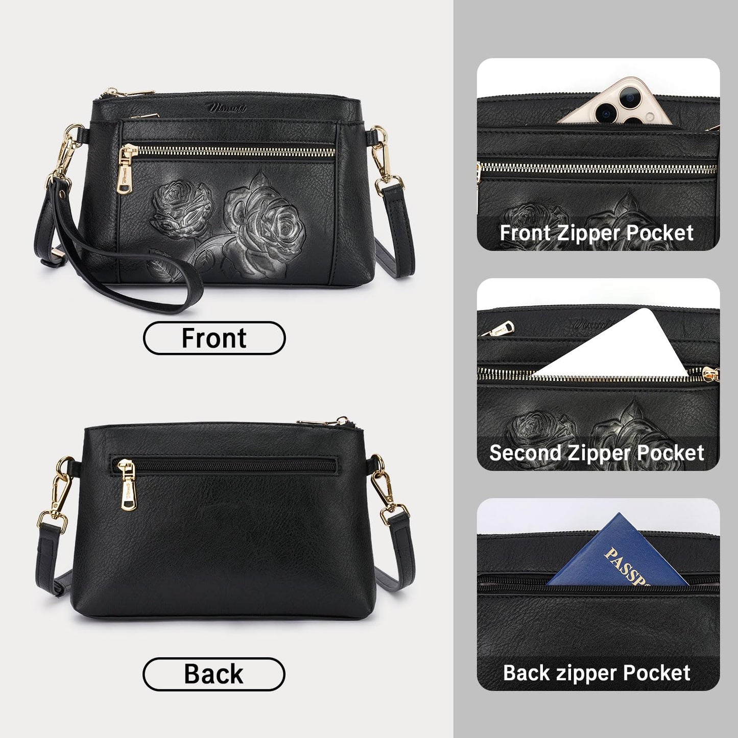 VIMUTI Vegan Leather Wristlet Wallet Purse for Women Small Clutch Purse with 2 Straps,Embossed Crossbody Cell Phone bag (Black)